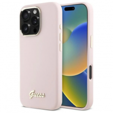 Guess - Guess iPhone 16 Pro Max Mobilskal Silikon Script Metal Logo - Rosa