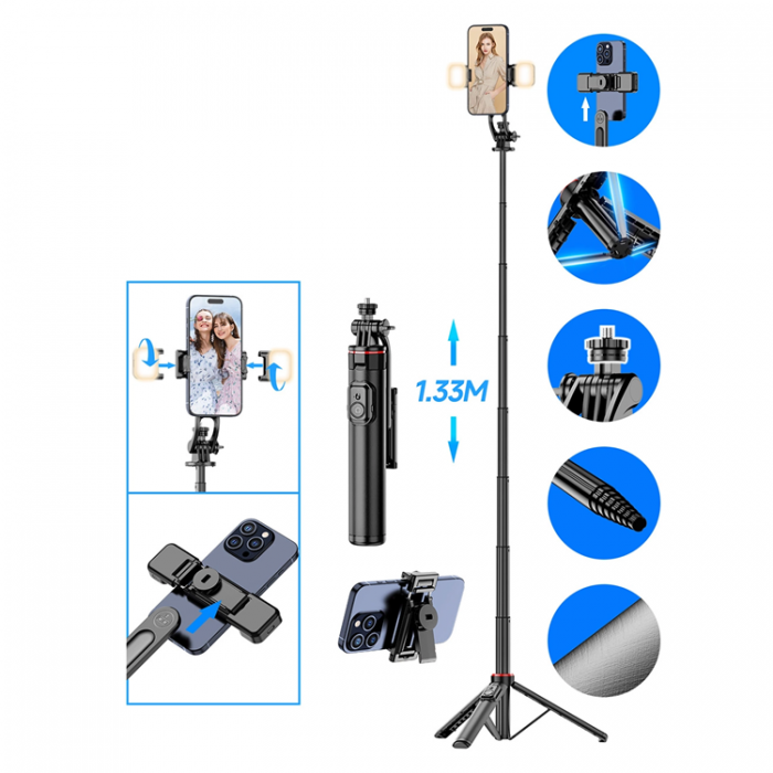 A-One Brand - Selfiestick Teleskopstativ 1.3m Auminiumlegering Med Dubbel Lampa