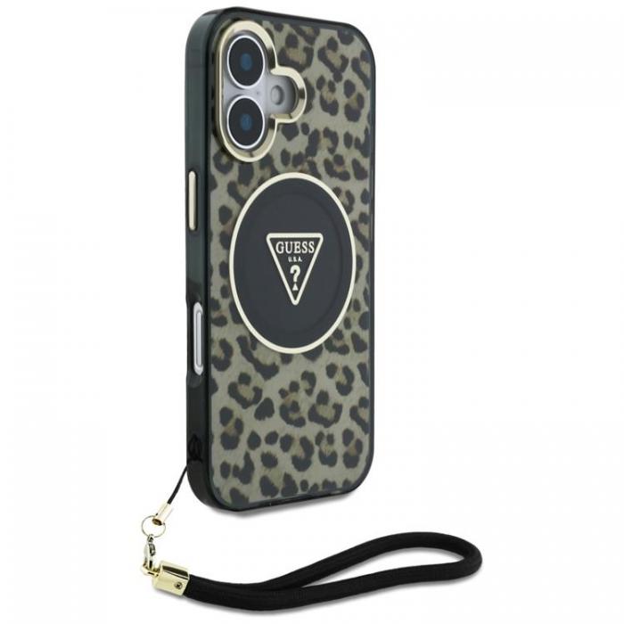 Guess - Guess iPhone 16 Mobilskal MagSafe IML Leopard Triangle Cord Strap - Brun