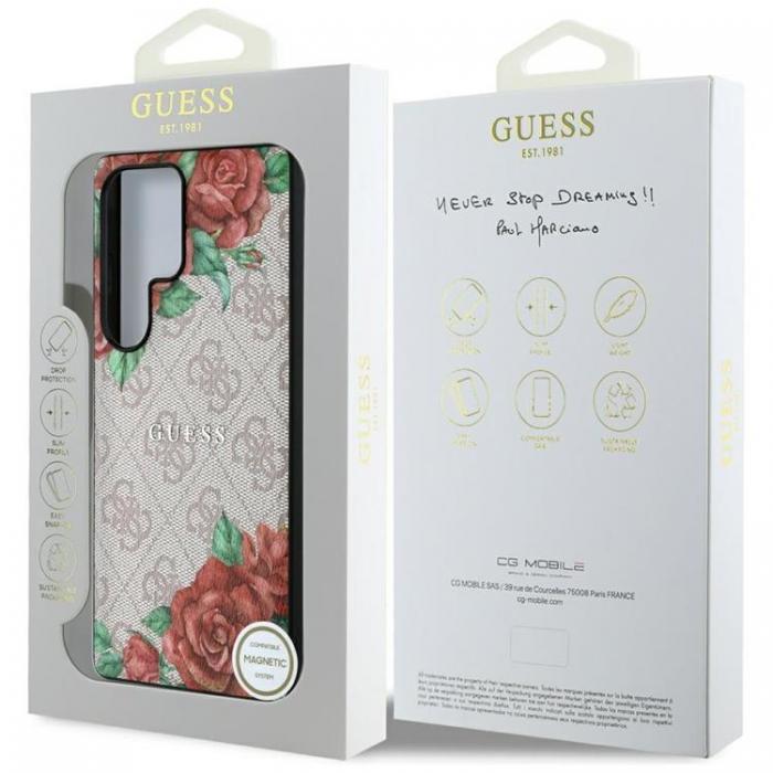 Guess - Guess Galaxy S25 Ultra Mobilskal MagSafe Flowers Print Metal Logo - Rosa