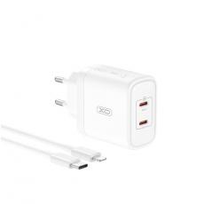 XO - XO Snabbladdare 2x USB-C 50W med USB-C/Lightning Kabel PD Vit