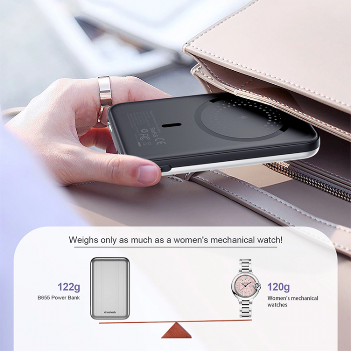 Choetech - Choetech Mini Trdls Powerbank 5000mAh Magnetisk - Silver