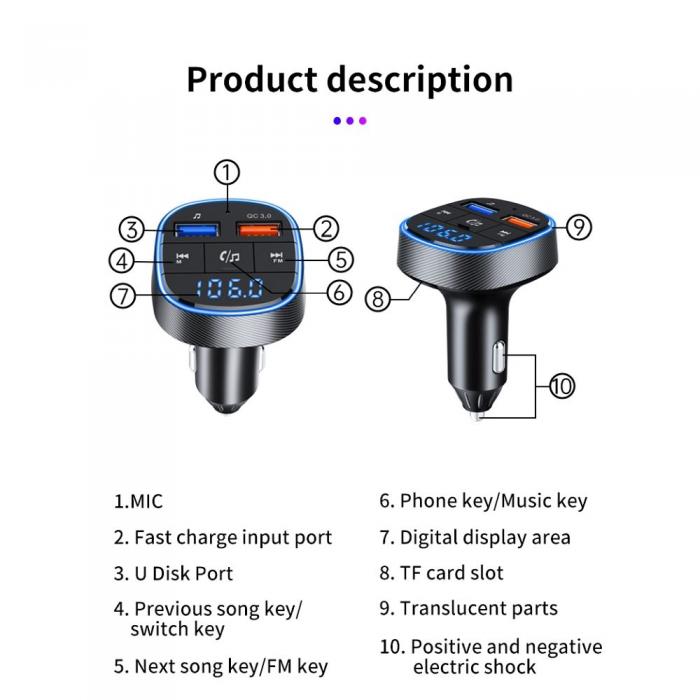 A-One Brand - FM-Sndare MP3 Bluetooth 5.0 TF-kort kortlsare, 2xUSB QC3.0