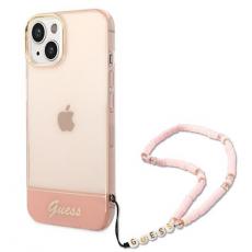 Guess - GUESS iPhone 14 Plus Skal Translucent Pearl Strap - Rosa