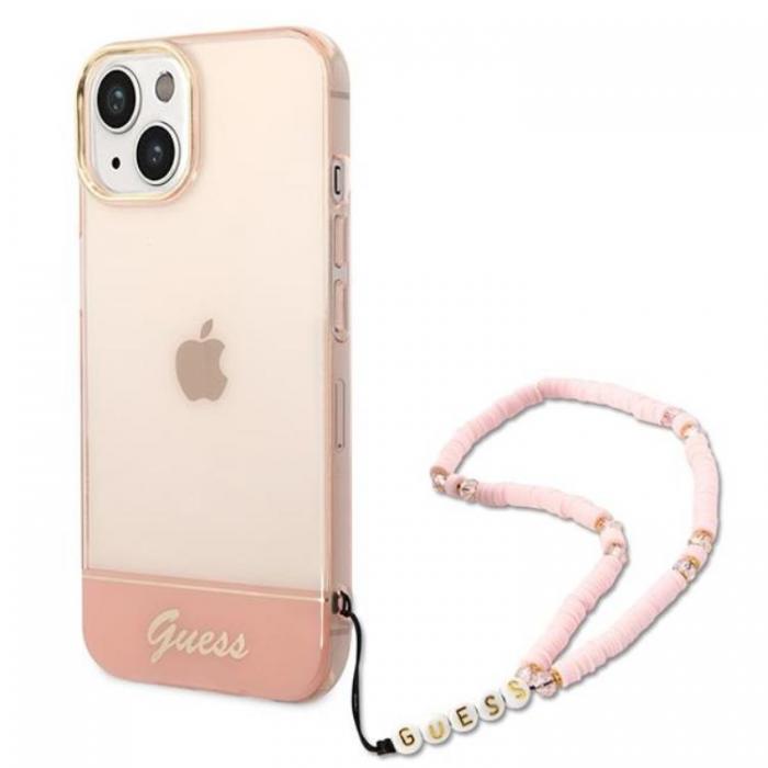 Guess - GUESS iPhone 14 Plus Skal Translucent Pearl Strap - Rosa