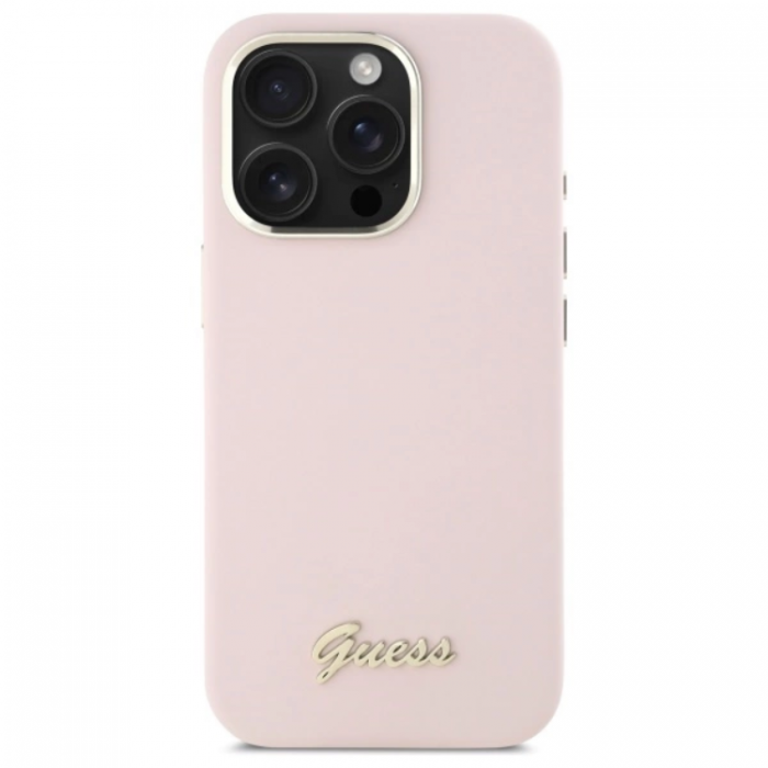 Guess - Guess iPhone 16 Pro Max Mobilskal Silikon Script Metal Logo - Rosa