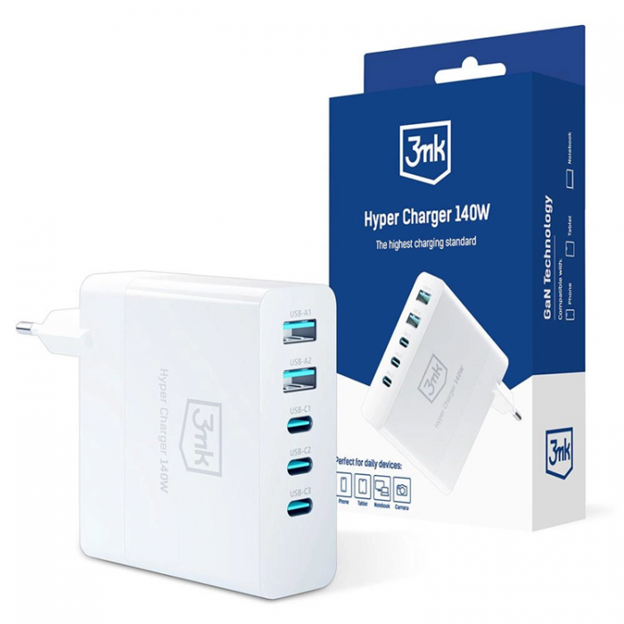 3MK - 3mk Gan Snabb vggladdare USB-C 140W Hyper - Vit