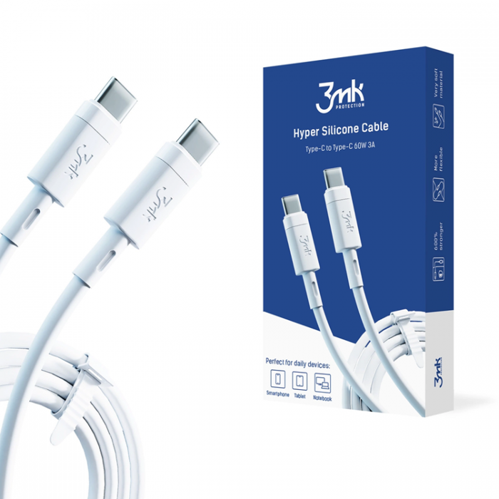 3MK - 3mK USB-C till USB-C kabel 60W 1m HyperSilikon - Vit