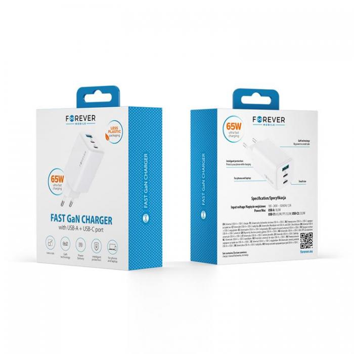 Forever - Forever Snabbladdare USB-A - 2x USB-C 65W GaN PD QC - Vit