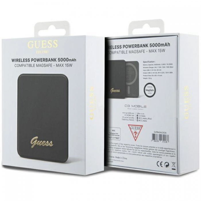 Guess - Guess Magsafe Powerbank 5000mAh 15W Metal Script Logo - Svart