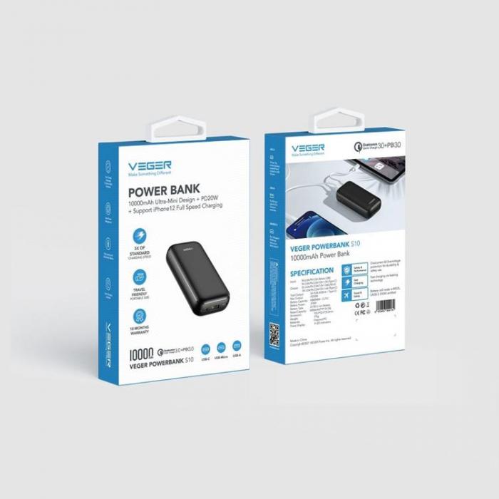 Veger - VEGER Powerbank 10000 mAh PD QC 3.0 3A 20W S10 - Svart