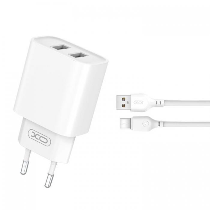 XO - XO Vggladdare 2x USB Med USB-C Kabel CE02C 2.1A - Vit