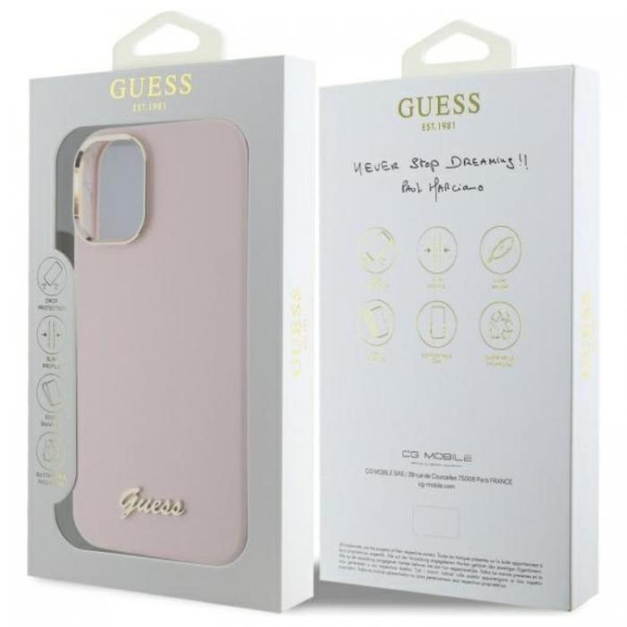 Guess - Guess iPhone 16 Plus Mobilskal Silikon Script Metal Logo - Rosa