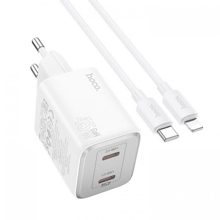 Hoco - Hoco Vggladdare 2xUSB-C 45W + Lightning Kabel GaN N42 - Vit