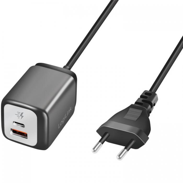 LogiLink - Logilink Vggladdare 1xUSB-A + 1xUSB-C med fast kabel 1,5m GaN 30W