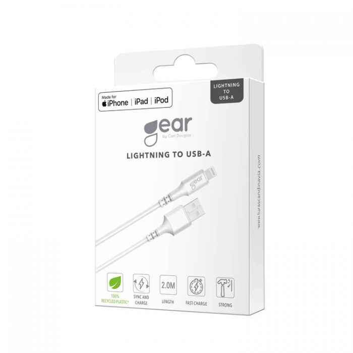 GEAR - GEAR USB-A till Lightning kabel 2m Vit MFI Rund kabel