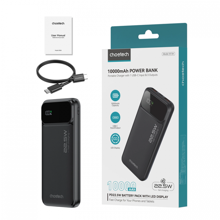 Choetech - Choetech Powerbank 10000mAh 22.5W PD USB-C, USB-A - Svart