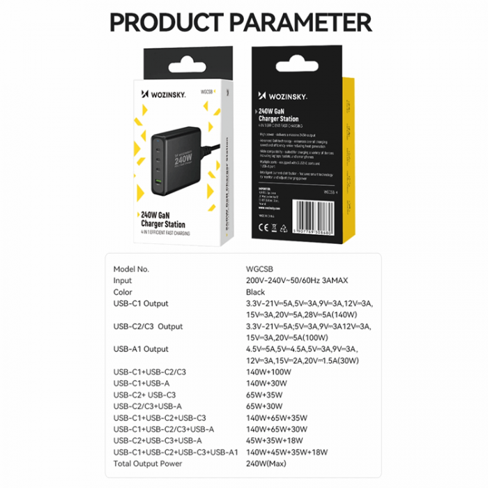 Wozinsky - Wozinsky Vggladdare USB-A/3 x USB-C 240W GaN - Svart