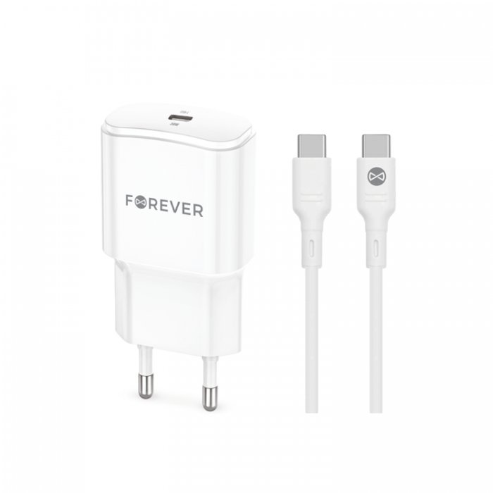 Forever - Forever Vggladdare USB-C 20W med USB-C/USB-C Kabel PD QC Vit