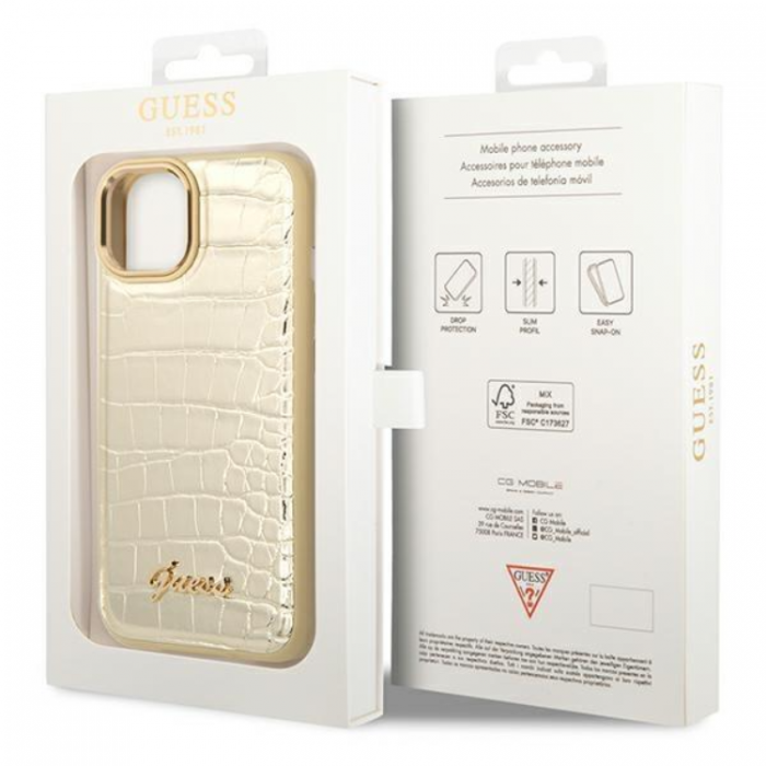 Guess - GUESS iPhone 14 Plus Skal Croco Collection - Guld