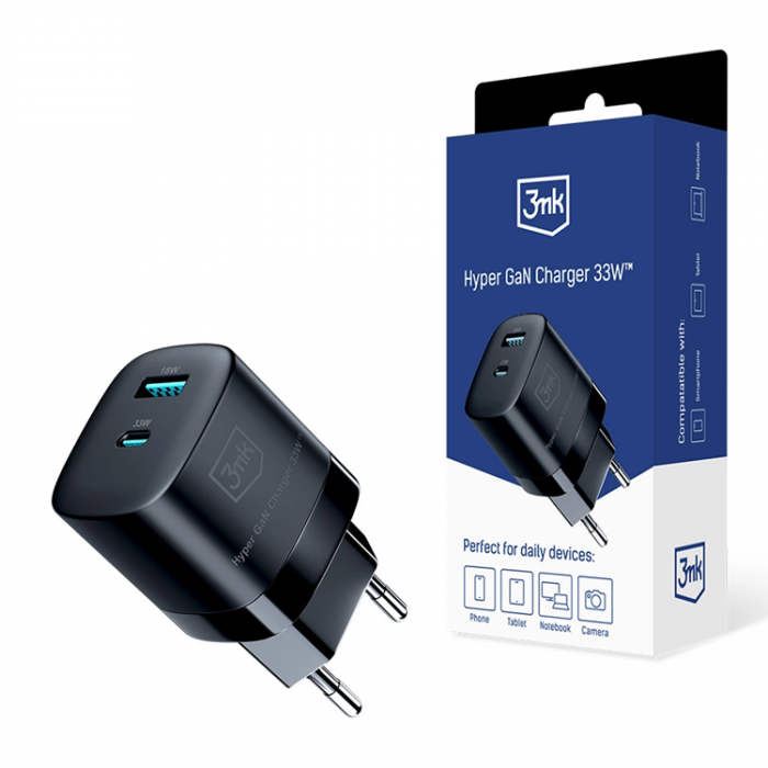 3MK - 3MK Vggladdare 33W GaN USB-C USB-A Hyper - Svart