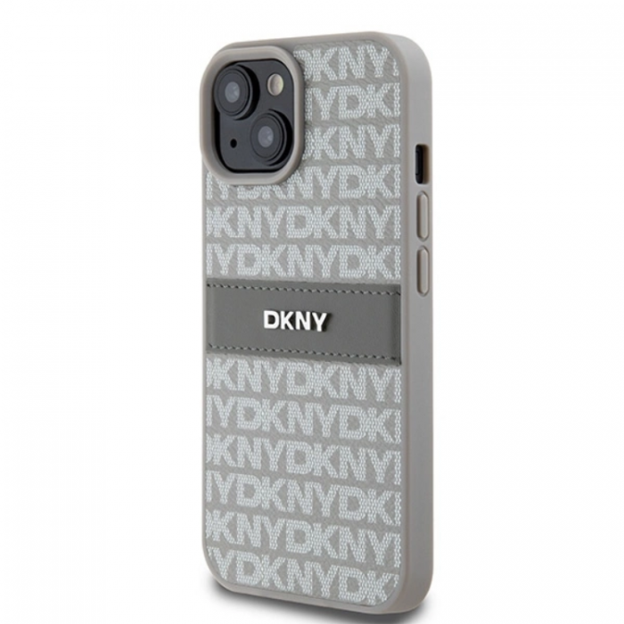 DKNY - DKNY iPhone 15/14/13 Mobilskal Lder Mono Stripe & Metal Logo - Beige