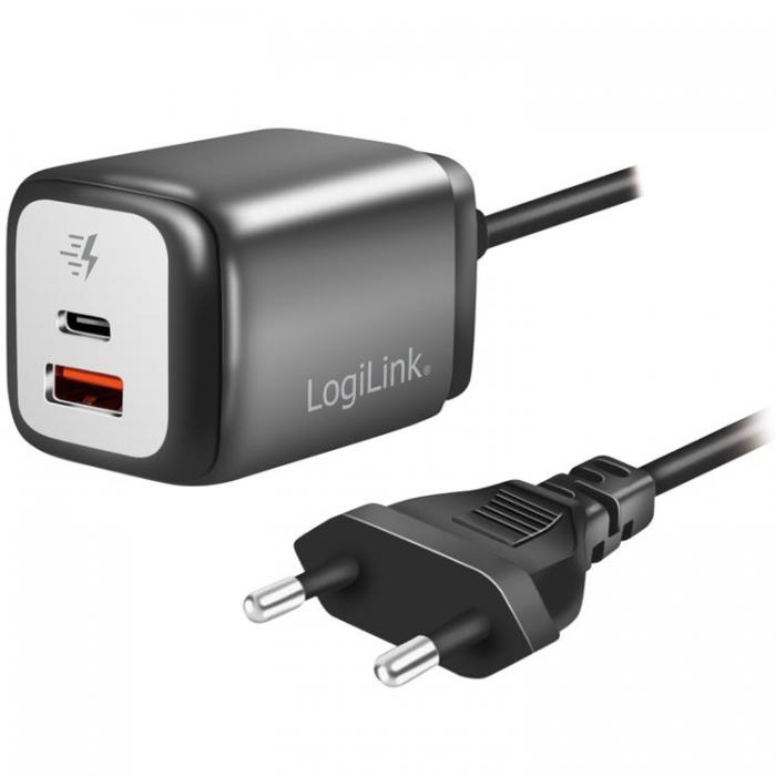 LogiLink - Logilink Vggladdare 1xUSB-A + 1xUSB-C med fast kabel 1,5m GaN 30W