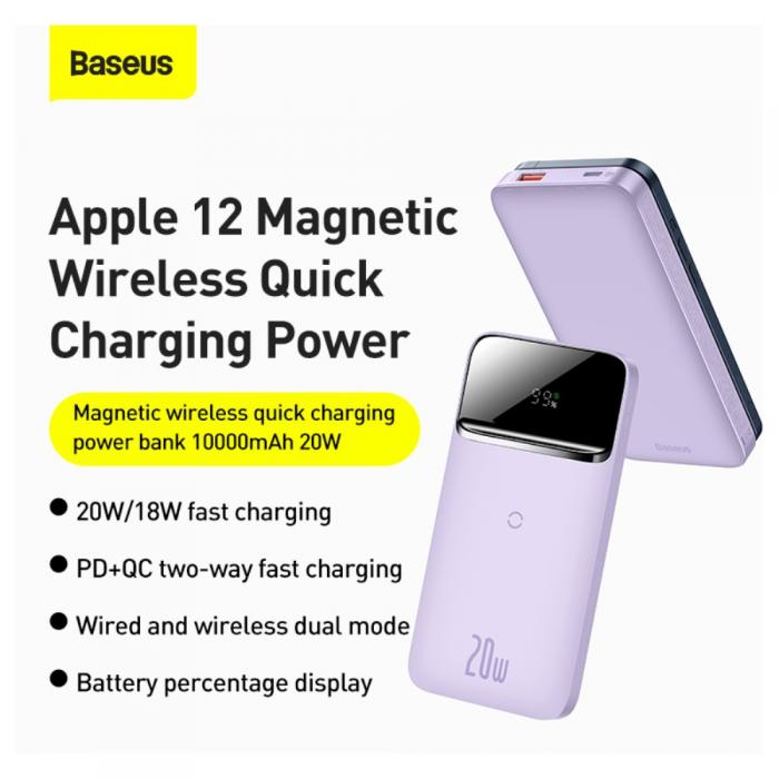 UTGATT5 - BASEUS Magnetic Magsafe Trdls Power Bank 20W 10000MAH - Lila