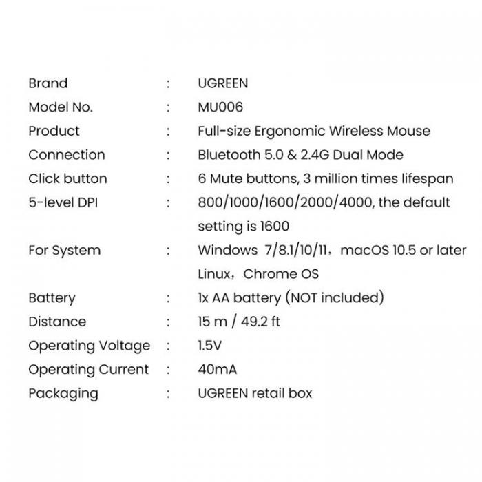 Ugreen - Ugreen Optisk Trdls Mus USB 2.4GHz/Bluetooth 5.0 - Svart