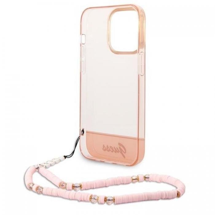 Guess - GUESS iPhone 14 Pro Skal Translucent Pearl Strap - Rosa