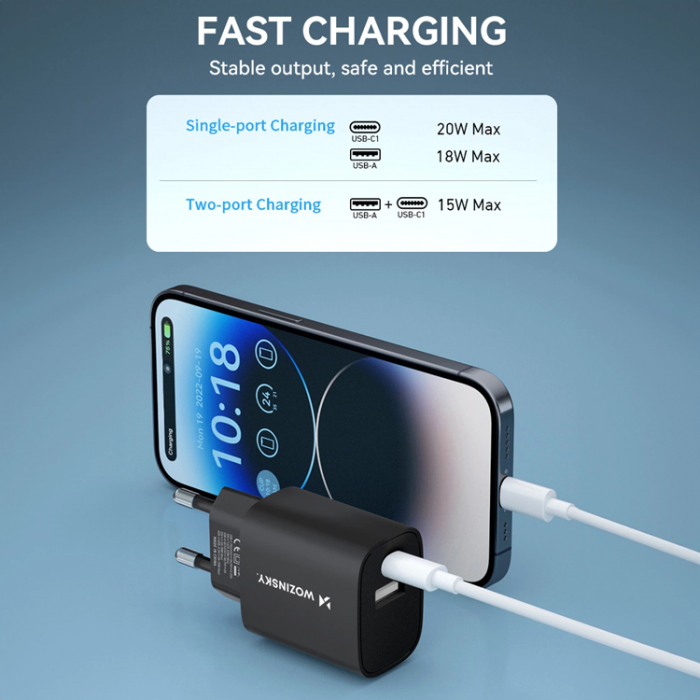 Wozinsky - Wozinsky USB-A USB-C 20W Vggladdare - Svart