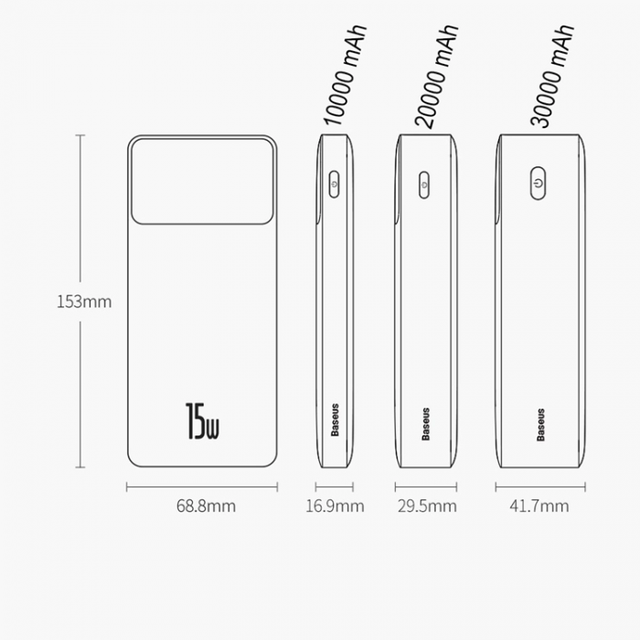 BASEUS - Baseus Powerbank 30000mAh 15W Bipow Med 4in1 Kabel - Svart