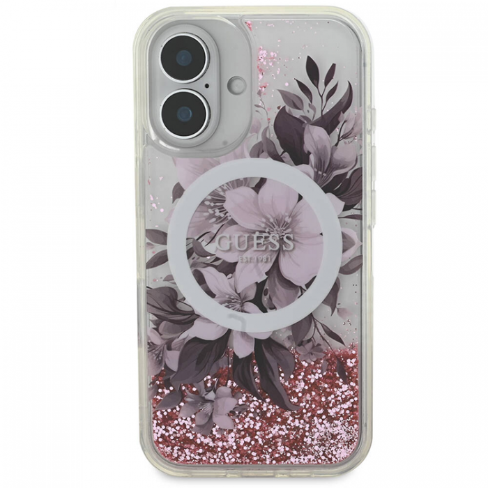 Guess - Guess iPhone 16 Mobilskal MagSafe Liquid Glitter Flower