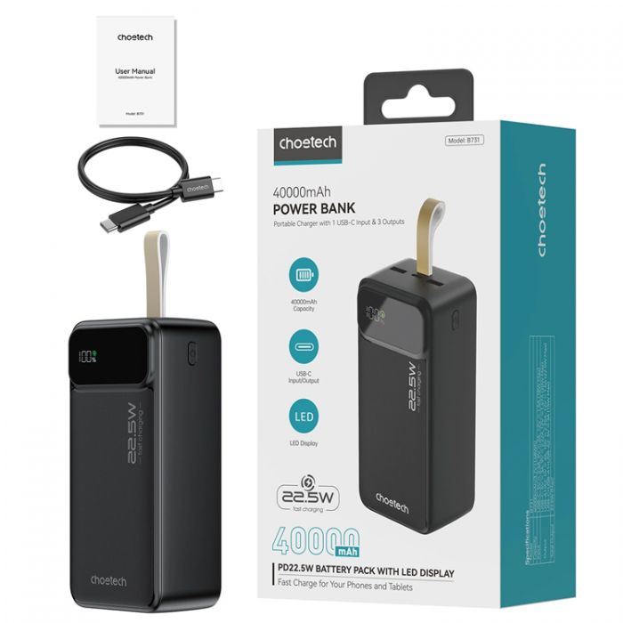 Choetech - Choetech Powerbank 40000mAh 22.5W PD USB-C, USB-A - Svart