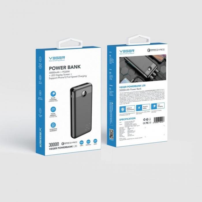 Veger - VEGER Powerbank 30000 mAh PD QC 3.0 3A 20W L30 - Svart