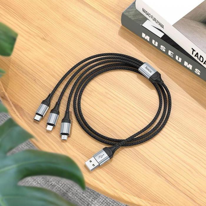 Hoco - Hoco 3in1 USB-A till Lightning, USB-C, Micro-USB Kabel 2.4A 1m X102 - Svart