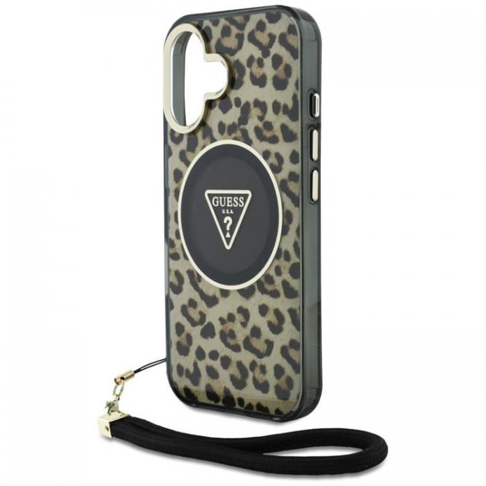 Guess - Guess iPhone 16 Mobilskal MagSafe IML Leopard Triangle Cord Strap - Brun