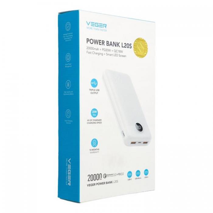 Veger - VEGER Powerbank 20000 mAh PD QC 3.0 2A 20W L20S - Vit