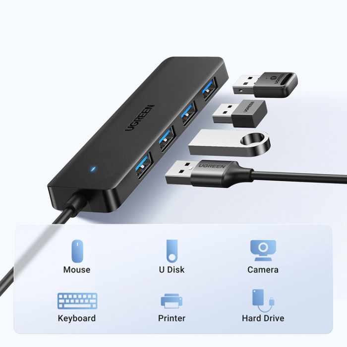 Ugreen - Ugreen HUB 4 Portar USB-A 3.0 Med 1m USB-A Kabel - Svart