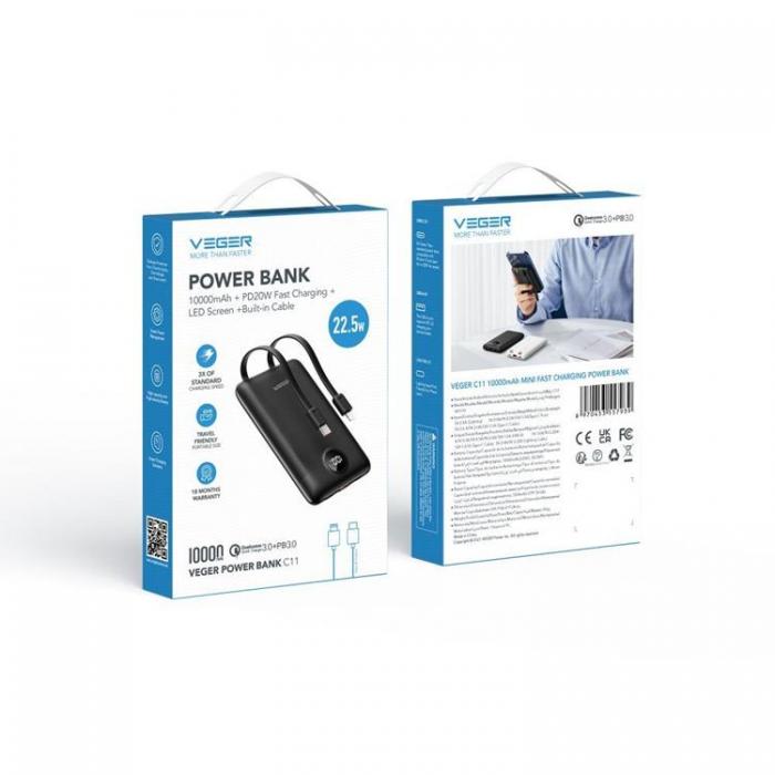 Veger - VEGER Powerbank 10000 mAh Type C / Lightning 22.5W C11 - Svart