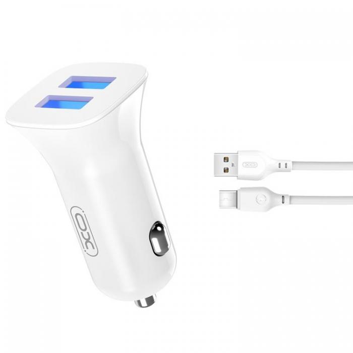 XO - XO Billaddare 2x USB 2,4A + USB-C Kabel TZ10 - Vit