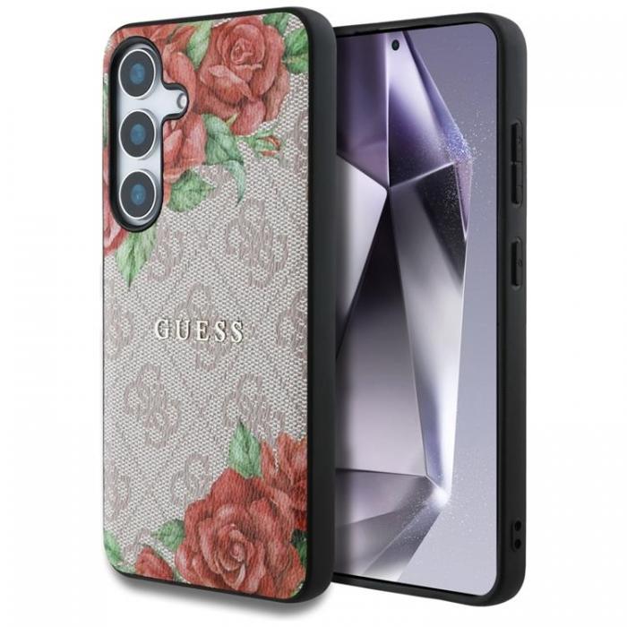 Guess - Guess Galaxy S25 Mobilskal MagSafe Flowers Print Metal Logo - Rosa