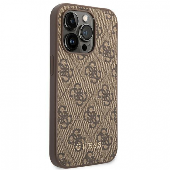 Guess - GUESS iPhone 14 Pro Skal Saffiano Metall Gold Logo - Brun