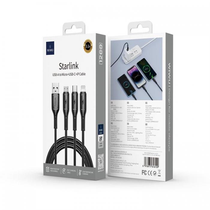 WIWU - WIWU 3in1 USB-A Till Lightning, USB-C, Micro-USB Kabel 3.1A Starlink Series