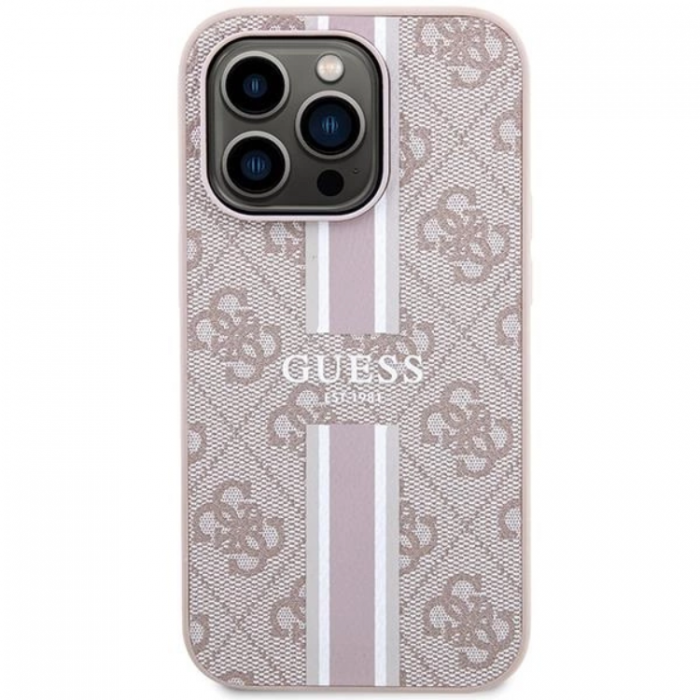 Guess - Guess iPhone 15 Pro Max Mobilskal Magsafe Printed Stripes - Rosa