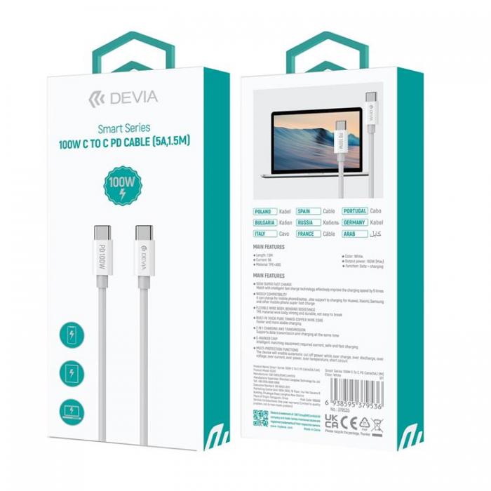 Devia - Devia USB-C Till USB-C Kabel 100W 5A 1.5m Smart EC317 PD Vit