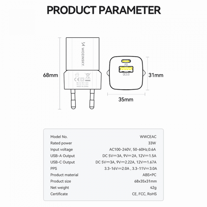 Wozinsky - Wozinsky Vggladdare GaN USB-A/USB-C 33W - Vit