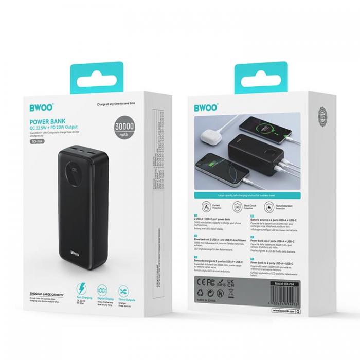 BWOO - BWOO Powerbank 30000mAh 22.5W med LCD-skrm - Svart