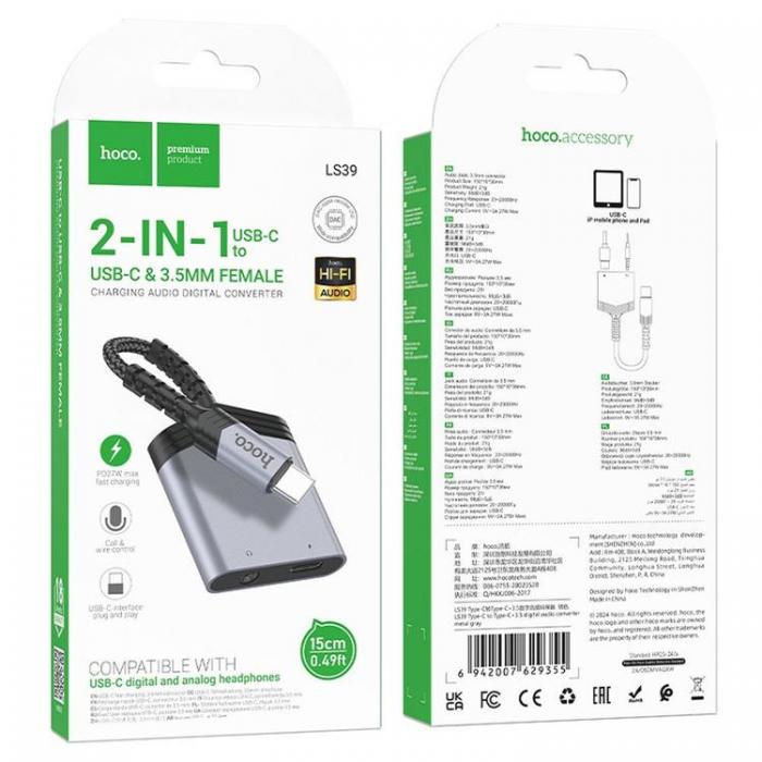 Hoco - HOCO 2in1 USB-C/USB-C 27W Jack 3.5mm AUX Adapter LS39 - Gr