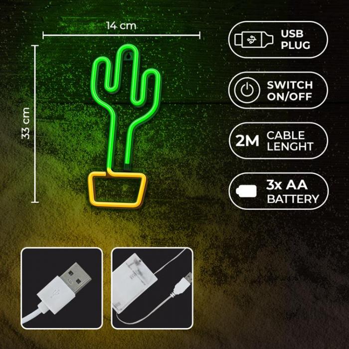 Forever Light - Forever Light LED Neon CACTUS Bat FLNE02 + USB - Orange/Grn